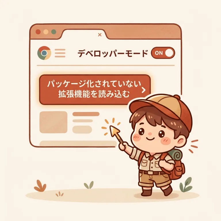 chrome://extensions でデベロッパーモードをオンにし、「パッケージ化されていない拡張機能を読み込む」を押す様子の図